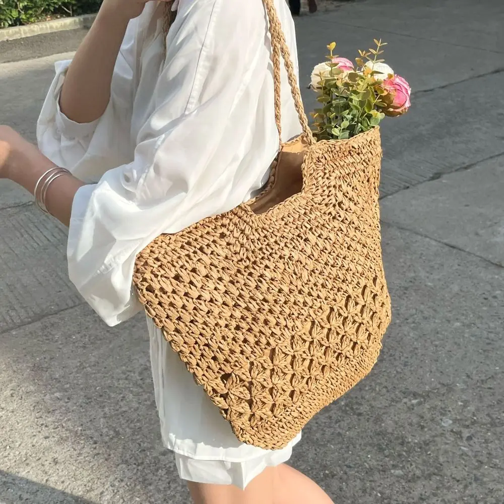 

1 Pc Trendy Handwork Weave Straw Bag Elegant Hollow Out Beach Tote HandBag Summer Leisure Shoulder Bag