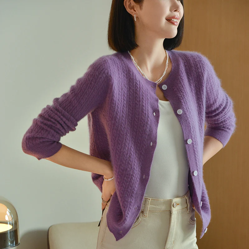 Cashmere sweater autumn/winter new 100% pure wool cardigan casual knitted sweater round neck Tops ladies loose Blouse Coat