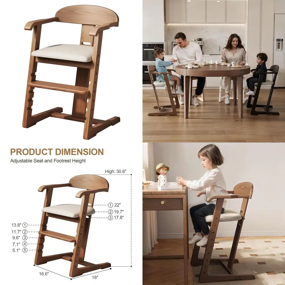 

Регулируемый по высоте стульчик для кормления из массива дерева – легко чистится, подходит для детей от 3 лет до 90 кг, цвет орех