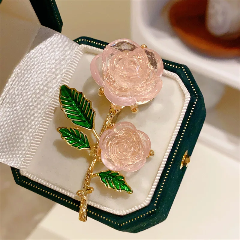 Sweet Pink Translucent Rose Brooches for Women Creative Flower Pins Fresh Plant Coat Suit Jewelry Accessories Gifts