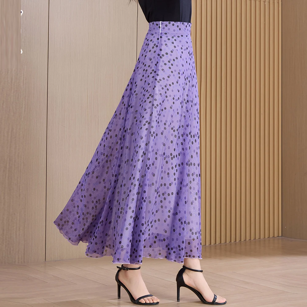 2026 Summer Purple polka dot Chiffon Large Size Chic and Elegant Woman Skirt Long Plus Size Maxi Skirts for women 4xl 5xl 6xl