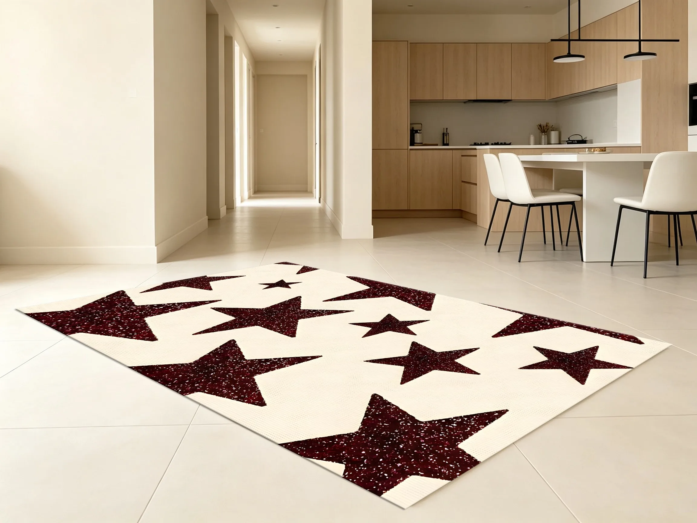 Burgundy Glitter Five-Pointed Star American Retro Style Christmas Velvet Rug, Suitable for Bedrooms, Bedside Areas, Living Rooms, and Sofa Areas, Creating a Warm and Healing Soft Furnishing Atmosphere