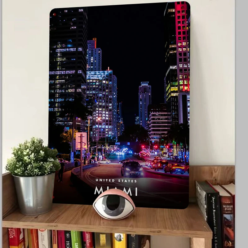 Miami City Night View Metal Tin Sign Modern Home Decor Living Room Wall Art American Urban Landscape Mural