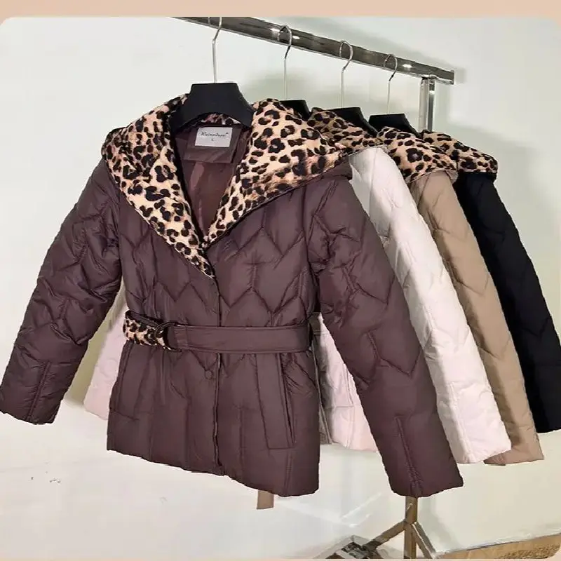 

European Style Splice Leopard Print Hooded Cotton Jacket Women Short Fashion Belt Warm Coat Winter Long Sleeved Versatile Top