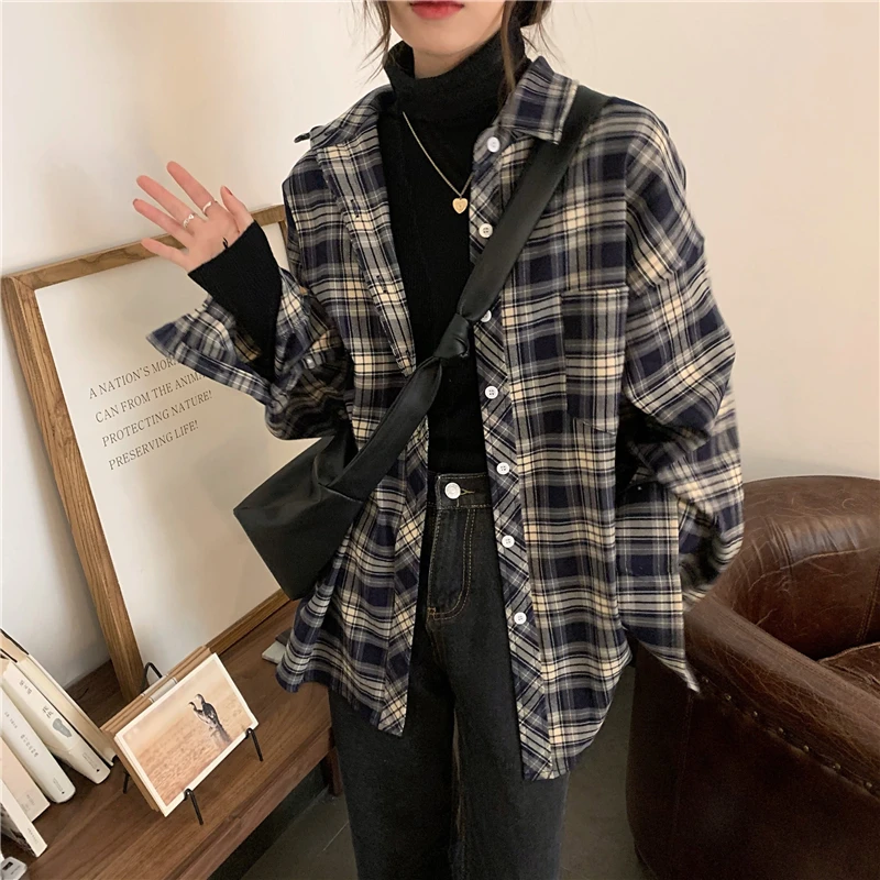 

plus Size Women's Plaid Shirt Spring Autumn Loose Fit Long Sleeve Collar Casual Outerwear Polyester Blend Straight Cut