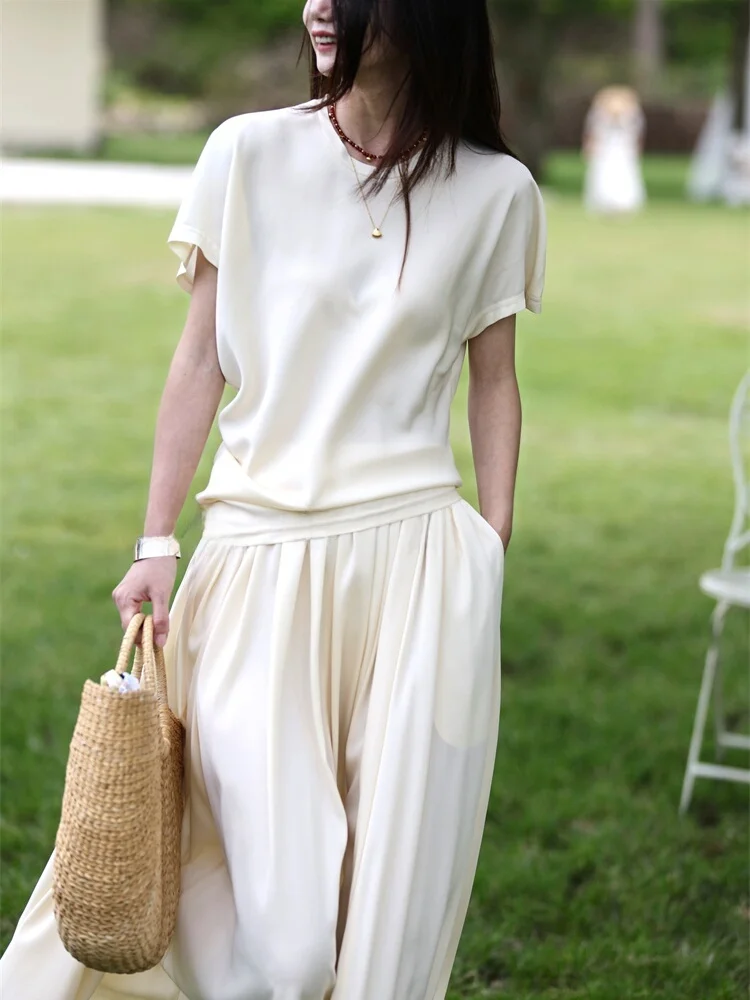 

FANNIU Summer Cool Breeze 22 Momme Silk oulder-Length ort Sve T-irt Pleated Skirt Long Dr Women's Faion Set