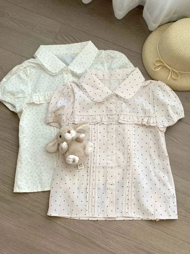 2026 Summer Print Lace Patchwork T-Shirts Women's Korean Fashion Sweet Kawaii Short Sleeve Polka Dot Doll Collar Shirt Female