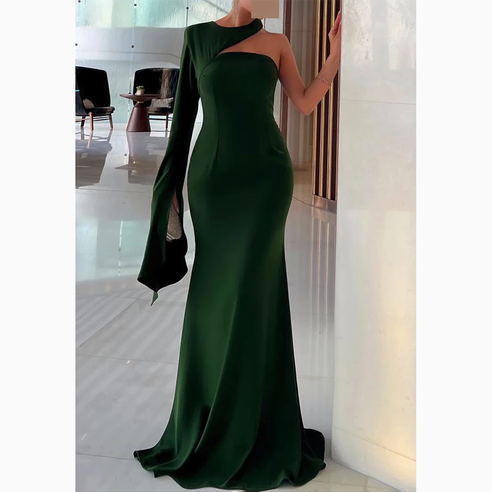 

Customized One Shoulder Green Prom Dress Long Slevees Mermaid Floor Length Evening Gown Formal Party Dress Customized