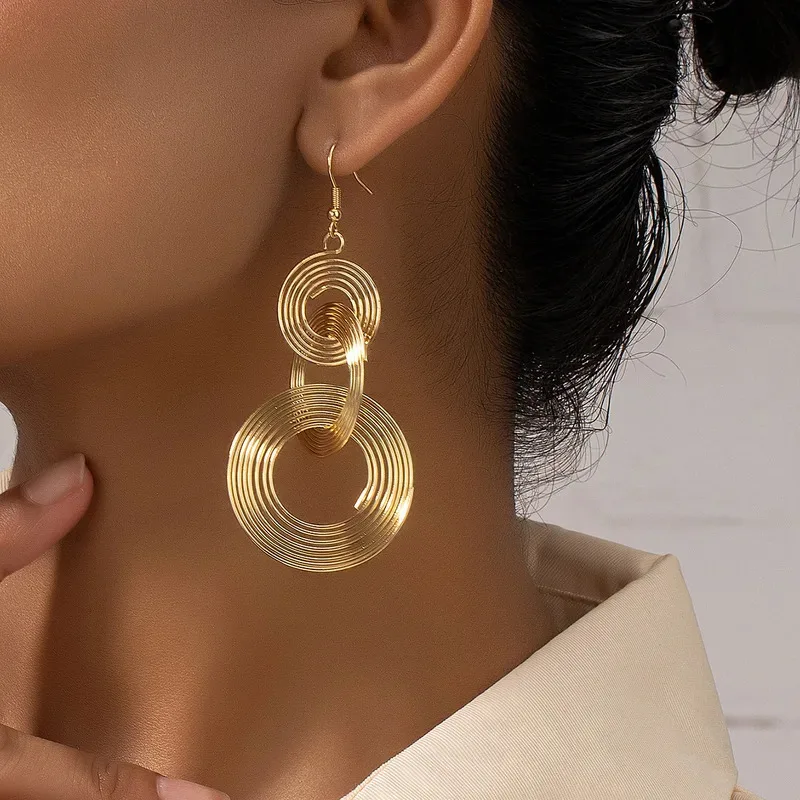 Mode exagérer trois cercles multicouches boucle d'oreille pour les femmes longue couleur or bijoux tempérament cadeau de mariage de noël