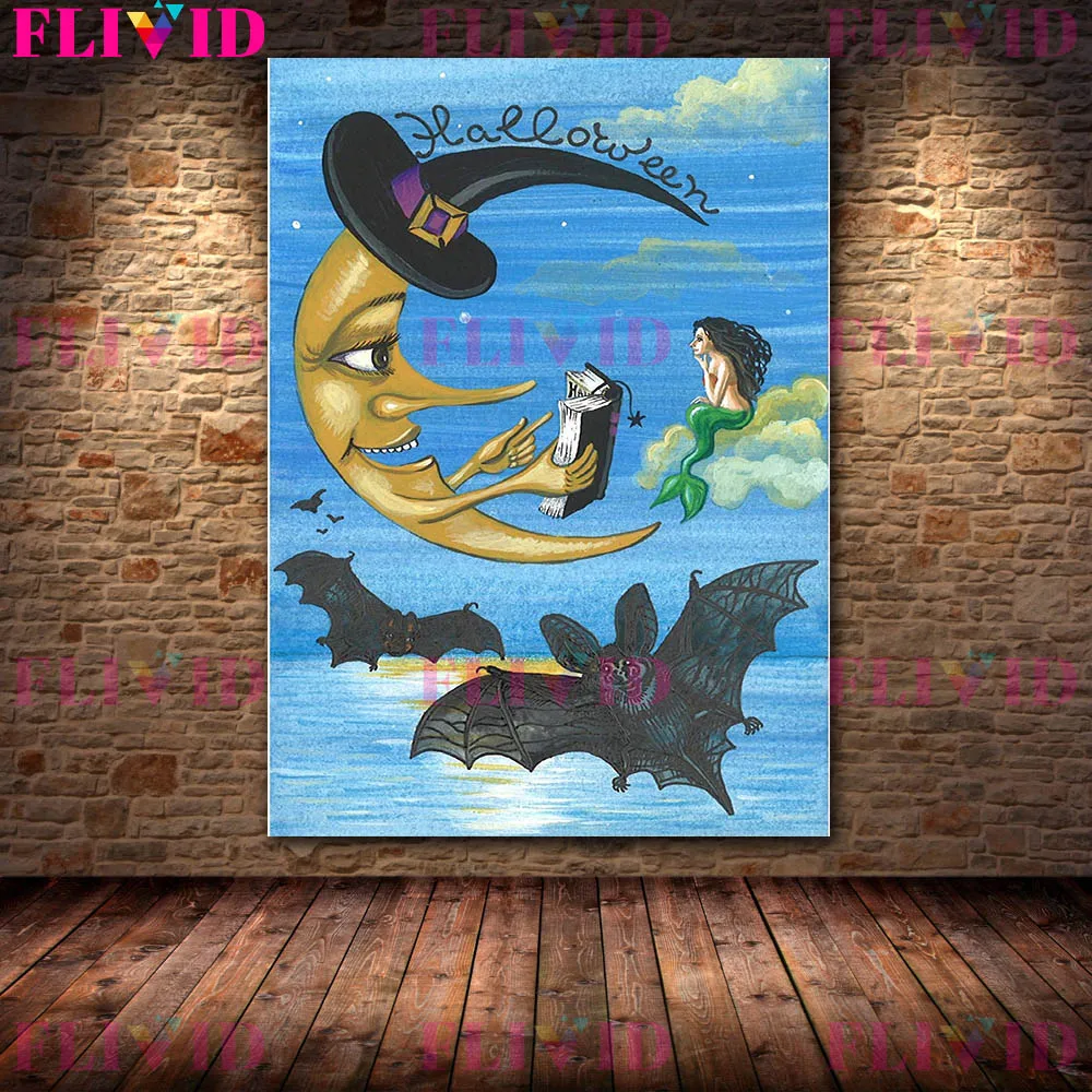 The Cat Wizard And The Black Crow Abstract Witchcraft Art Poster Print,Funny Full Moon Ghost Gothic Wall Art Canvas Print Decor