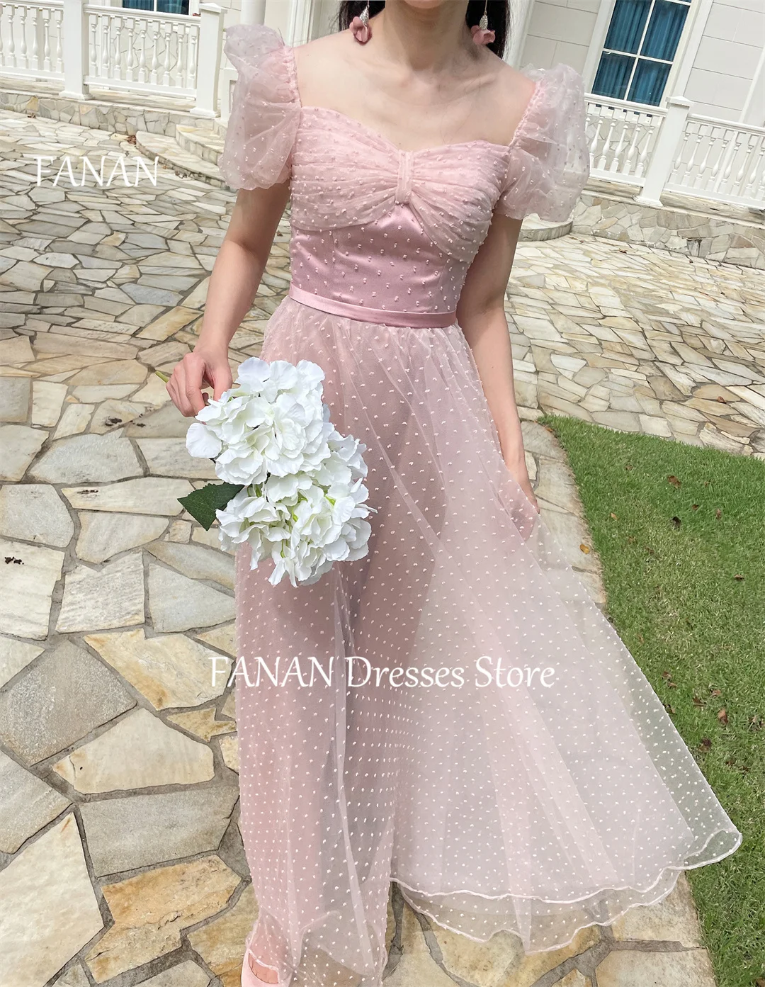 FANAN Off the Shoulder Evening Party Dresses Polka Korea Puff Sleeves Pink Corset Wedding Women Formal Gowns Event Prom Gowns