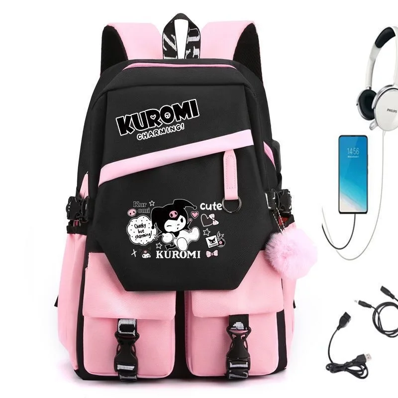 USB Girls Backpack Kuromi School Book Bags Teen Women Men Travel Bags Laptop Headphone Port Mochila Gift