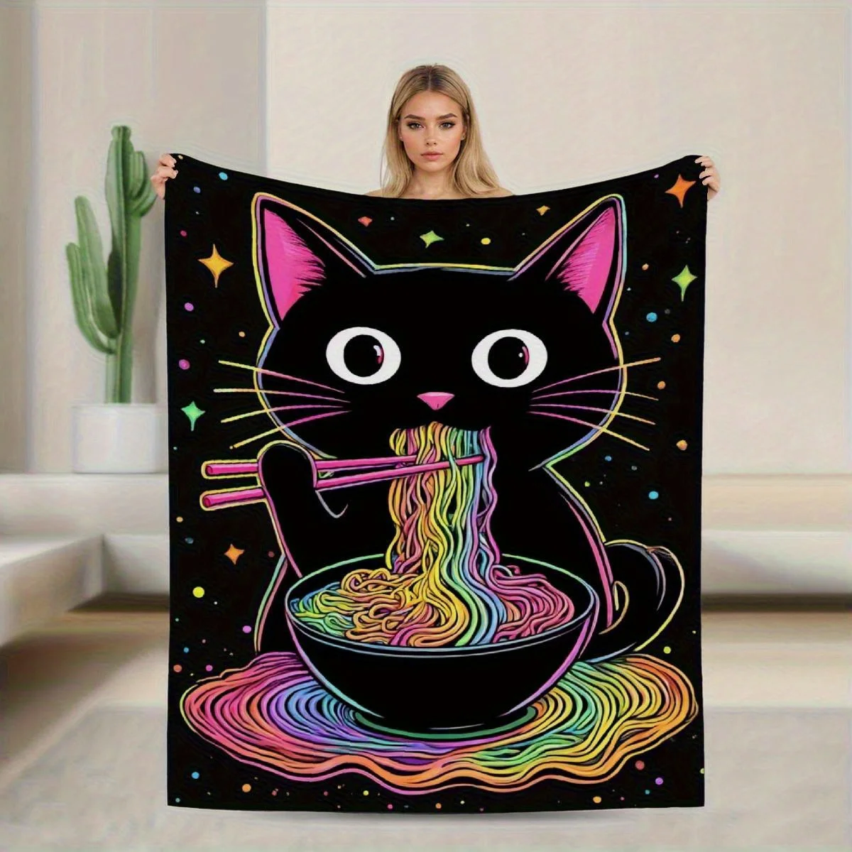 

Soft Reversible Flannel Throw Blanket Neon Black Cat Eating Ramen Design with Pink Chopsticks, Bedspread for Couch, Office