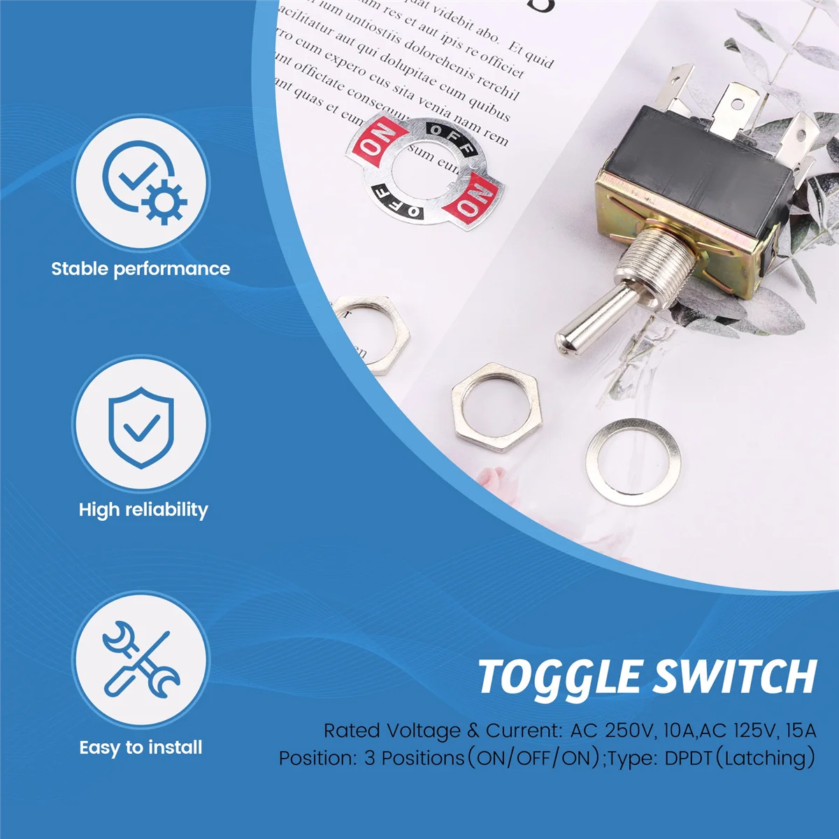 

ABYA AC 250V/10A 125V/15A DPDT 3 Position ON/OFF/ON 6 Pins Toggle Switch Black+Silver