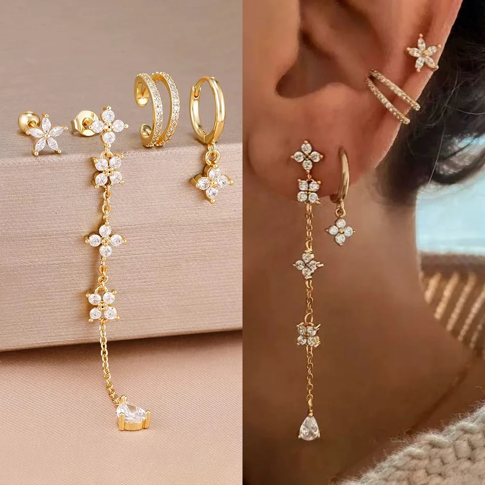 4PCS French Design Gold Plated Long Chain Flower Ear Stud Set For Women Elegance Zircon Petal Drop Dangle Earrings Girls Jewelry