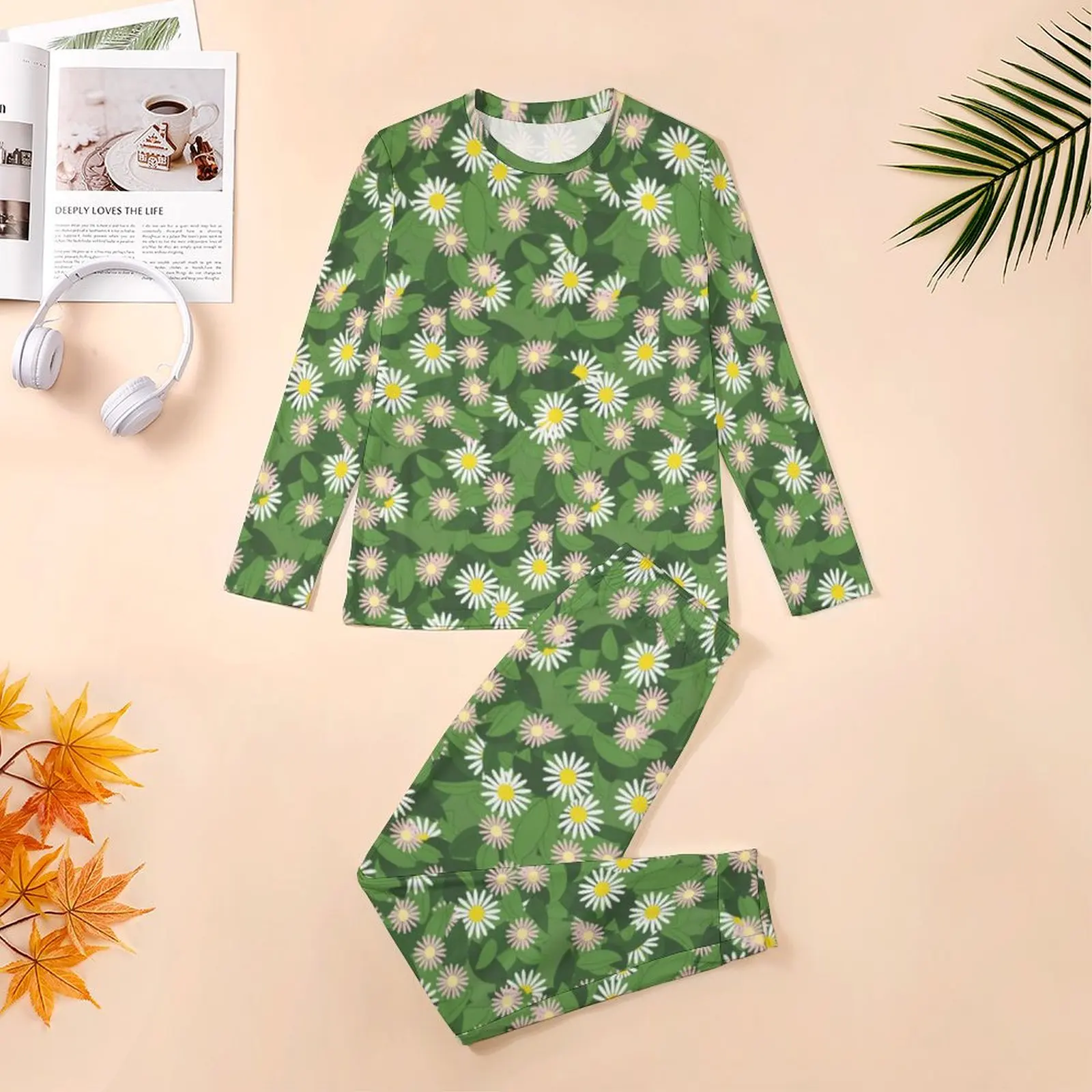 Daisy Floral  Print Pajamas Long Sleeves Green Leaves Two Piece Sleep Pajama Sets Winter Men Graphic Trendy Oversized Sleepwear