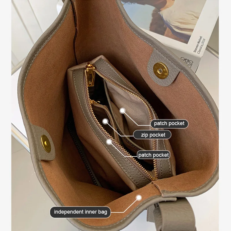 2024 New Women Bag High Quality Soft Cowhide Genuine Leather Bucket Tote Female Shoulder Bag Lady Fashion Crossbody Messenger