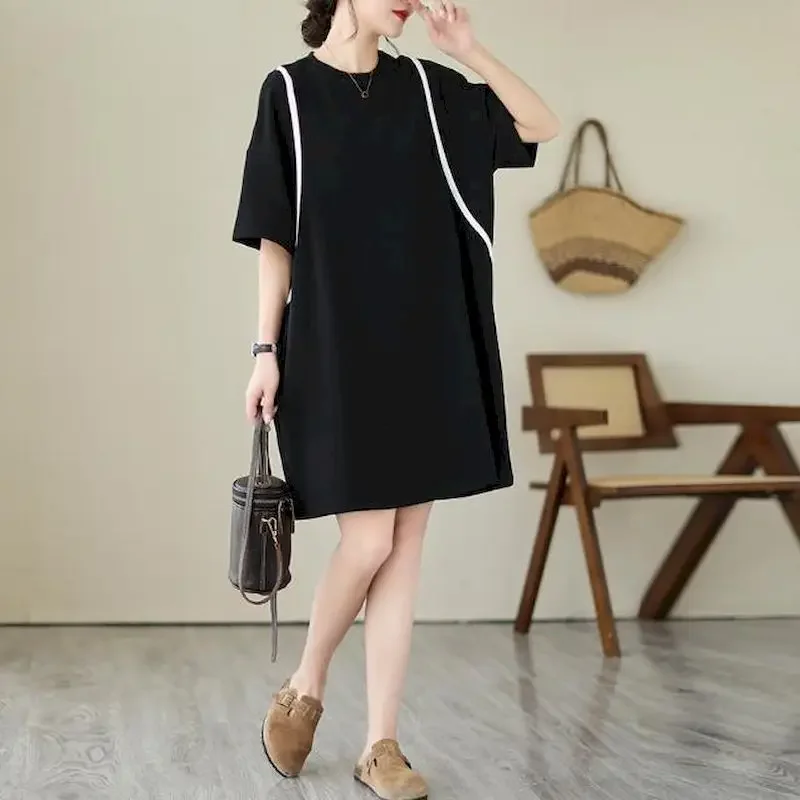 Vestido suelto coreano para mujer, camiseta de retazos a la moda, vestidos informales de manga corta, vestido de gran tamaño, ropa estética de tendencia de verano