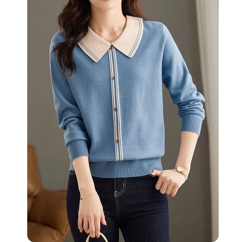 Temperament Doll Collar Striped Color Contrast Mori Girl Style Knitting Pullovers Straight Single Breasted Women Thick Sweaters