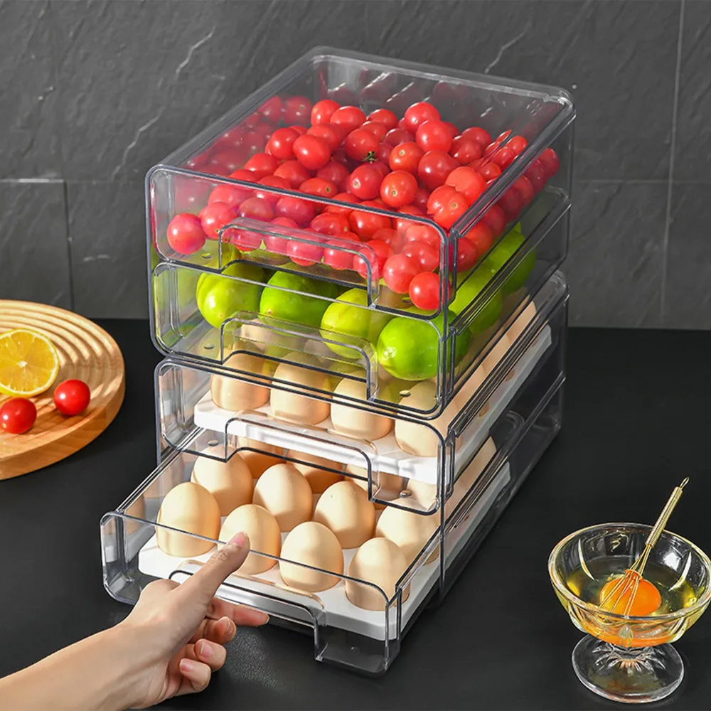 2Pcs Stackable Refrigerator Drawers Pull Out Bins Double Layer Fridge Organizer Box Clear Plastic Food Storage Containers Set