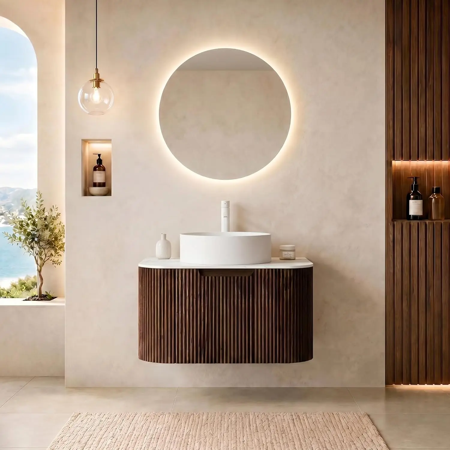 

24in Fluted Wall-Mounted Solid Wood Vanity Sink Ceramic Basin Faux Marble Top Soft-Close Drawer Walnut Customized