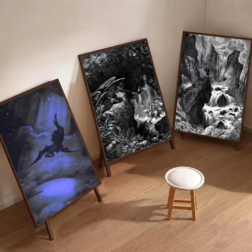 Artist Gustave Dore Paradise Lost Satan Poster Waterproof Wall Art Decor Stickers, Home Bedroom Bar Removable Wall Decoration