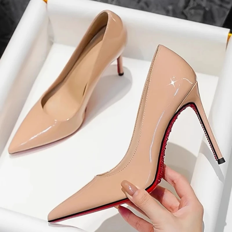 2025 spring new pointed rhinestone red sole patent leather shoes thin high-heeled banquet dress side empty women's sandals