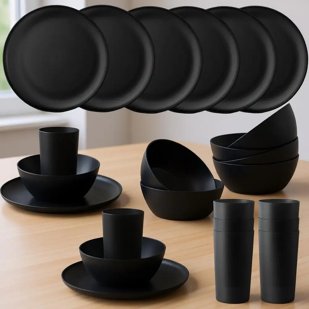 

Набор посуды из 24 предметов: тарелки и миски, небьющийся многоразовый обеденный набор, можно мыть в посудомоечной машине, черный, без BPA