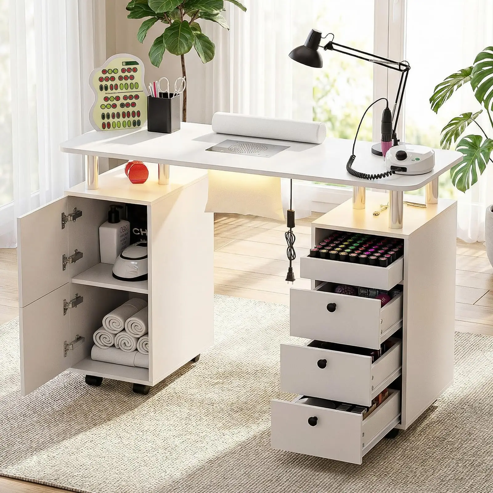 Nail Tech Table with Dust Collector & LED Light, Rolling Manicure Desk with Storage Drawers & Cabinets, Lockable