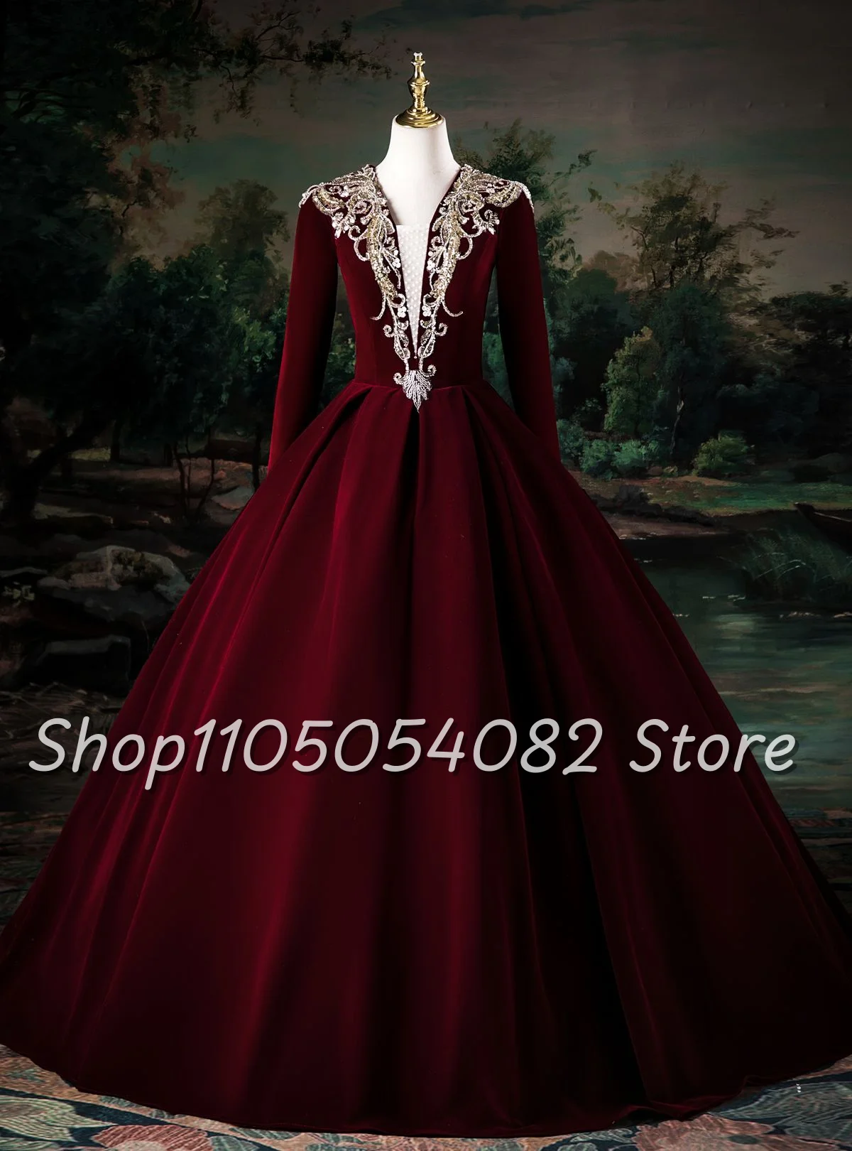 

Burgundy Gorgeous Medieval Victorian Evening Dress Long Sleeve Beaded Inlay V Neck A Pleated Princess Halloween Cosplay Dress