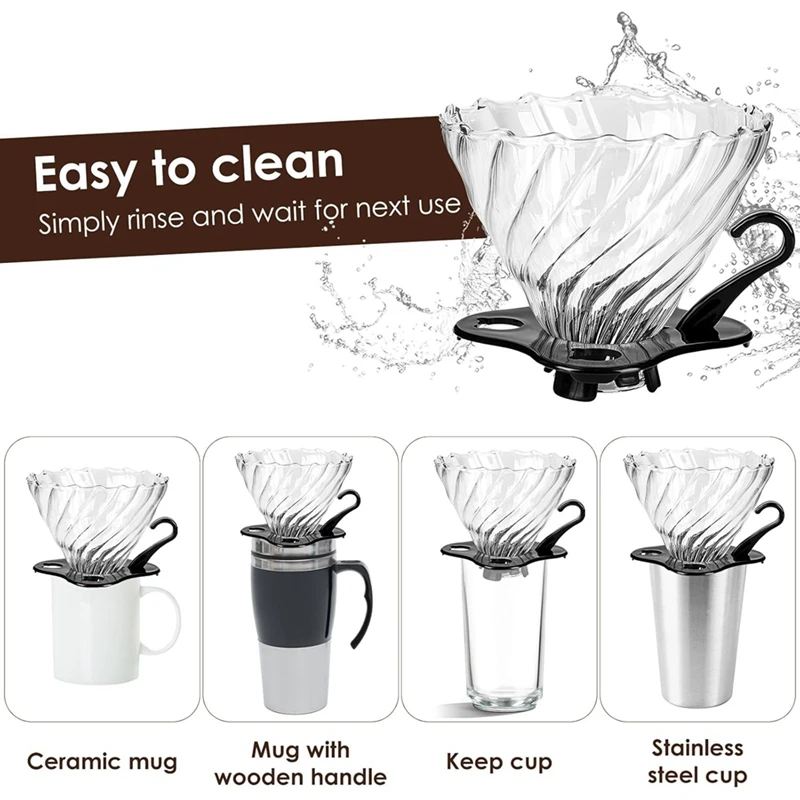 Pour Over Coffee Dripper Coffee Filter For 1-4 Cups  Reusable Coffee Maker Heat-Resistant Glass Coffee Cone