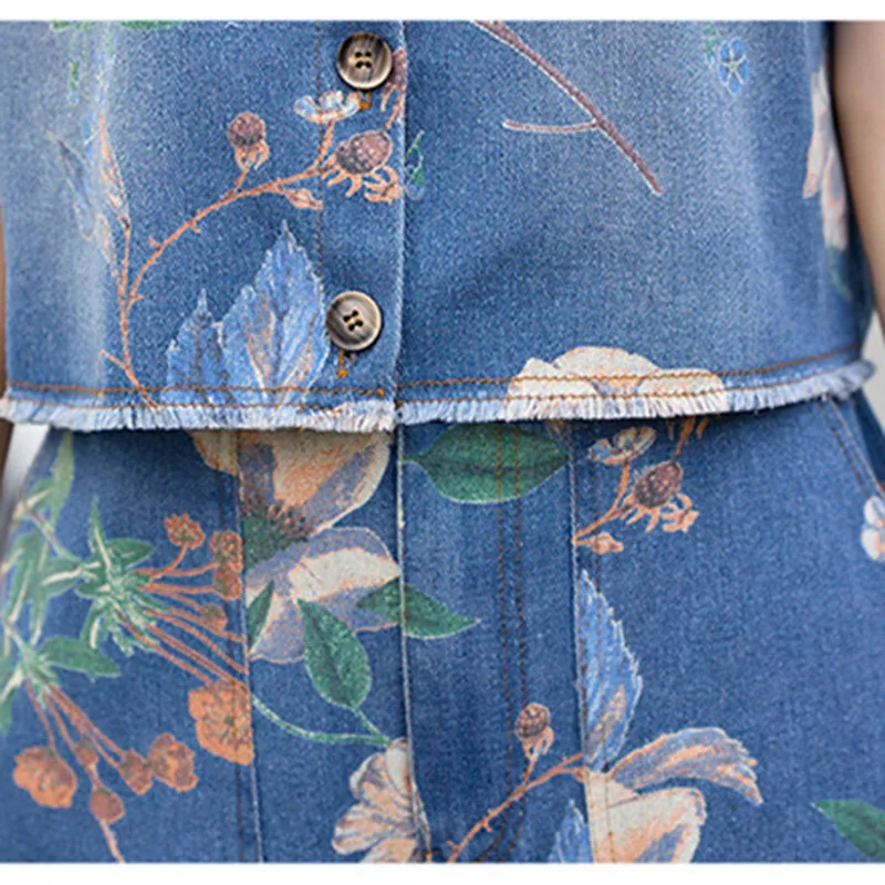 Y2K Denim Suit Women Summer 2026 New Korean Loose Chic Jeans Suit Slim Printed Sleeveless Vest Wide-leg Pants Thin Two-piece Set