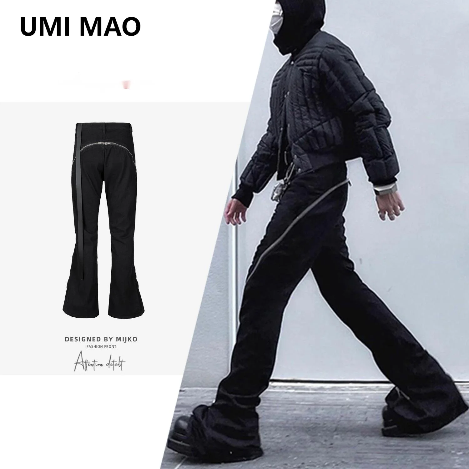 UMI MAO RO Style Pants Men's Clothing Women's Autumn Winter Urban Spiral Track Twisted Large Zipper Banana Trousers Black Jeans