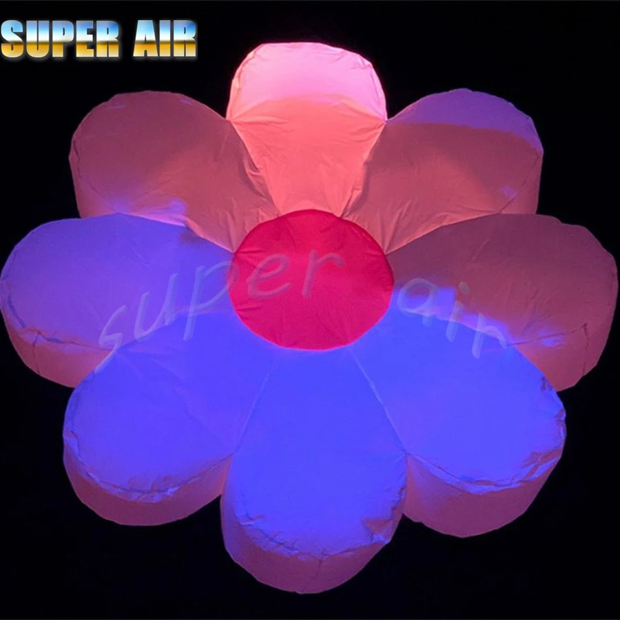 Hanging inflatable colorful led lighting flower with pink flower heart for stage decoration