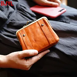 Customized Women coin purse first layer washed scratched wrinkled cowhide retro art clip small wallet headset coin storage bag