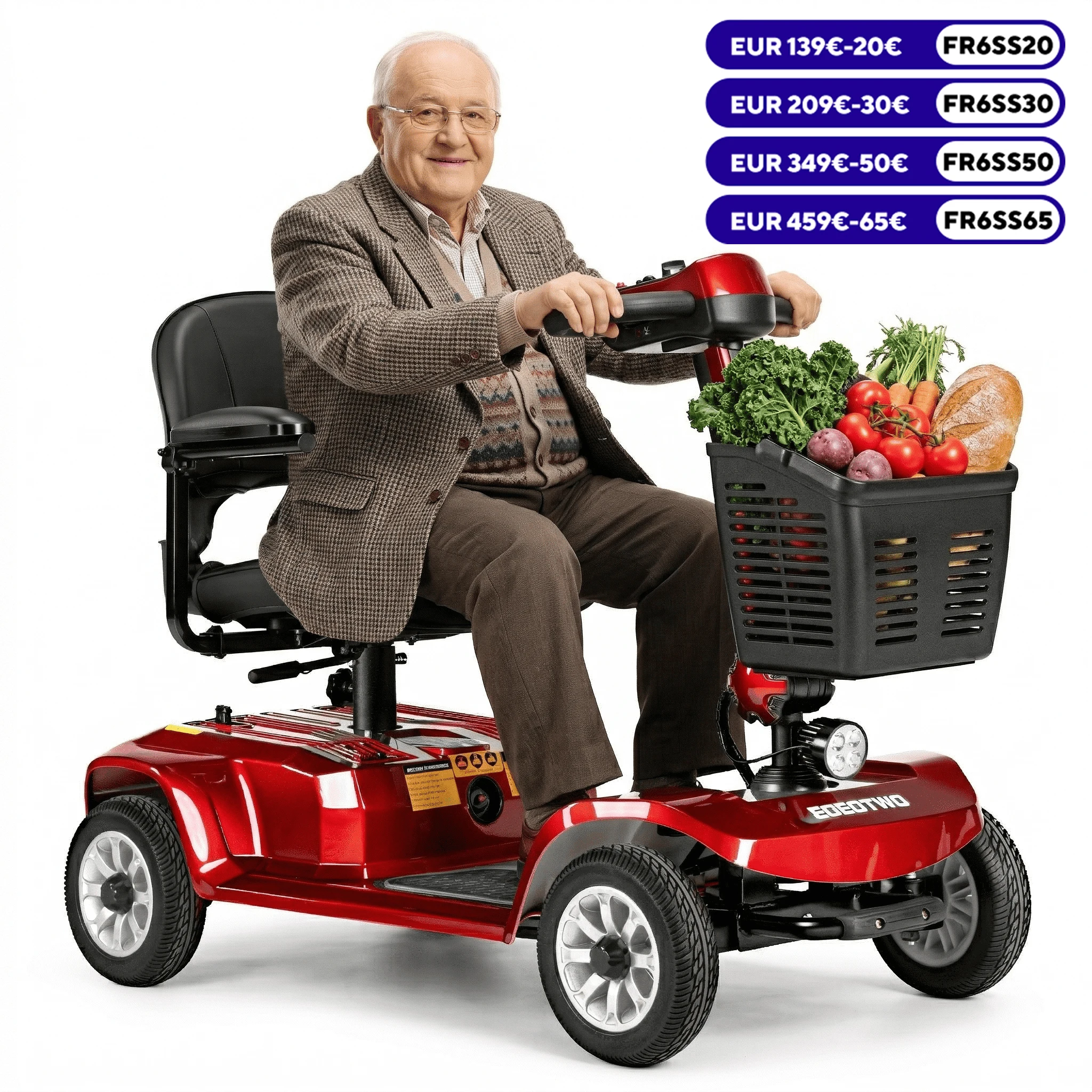 Scooter de mobilité à 4 roues EOEOTWO, robuste, capacité de 190 kg, pliable, scooter de voyage pour personnes âgées, 360° °   Siège pivotant 6 km/h
