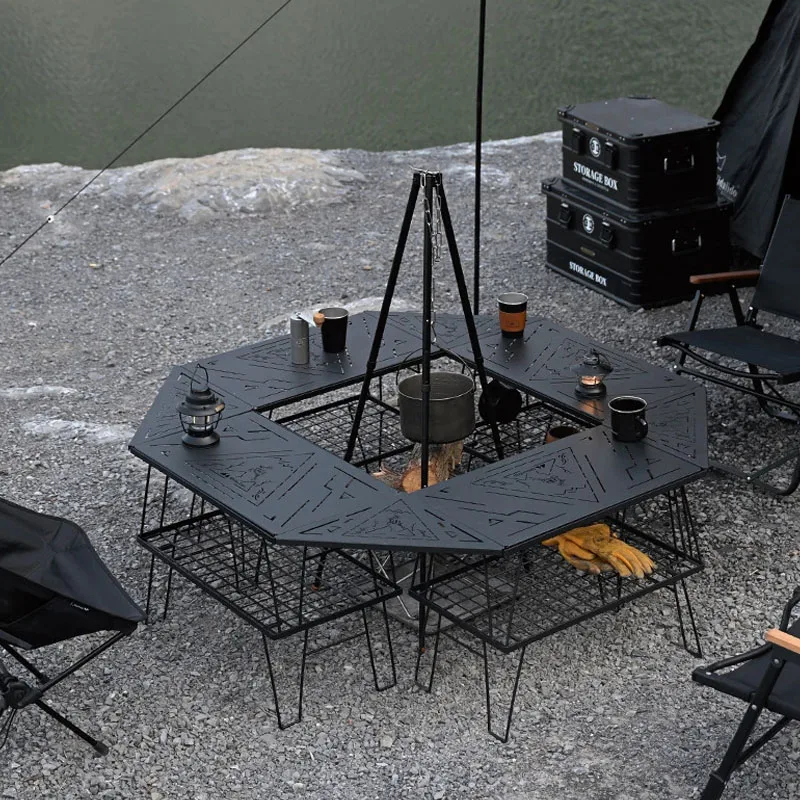 ShineTrip Camping Blackened Chess Cloth Iron Mesh Table Iron Fence Combination BBQ Table Portable Folding