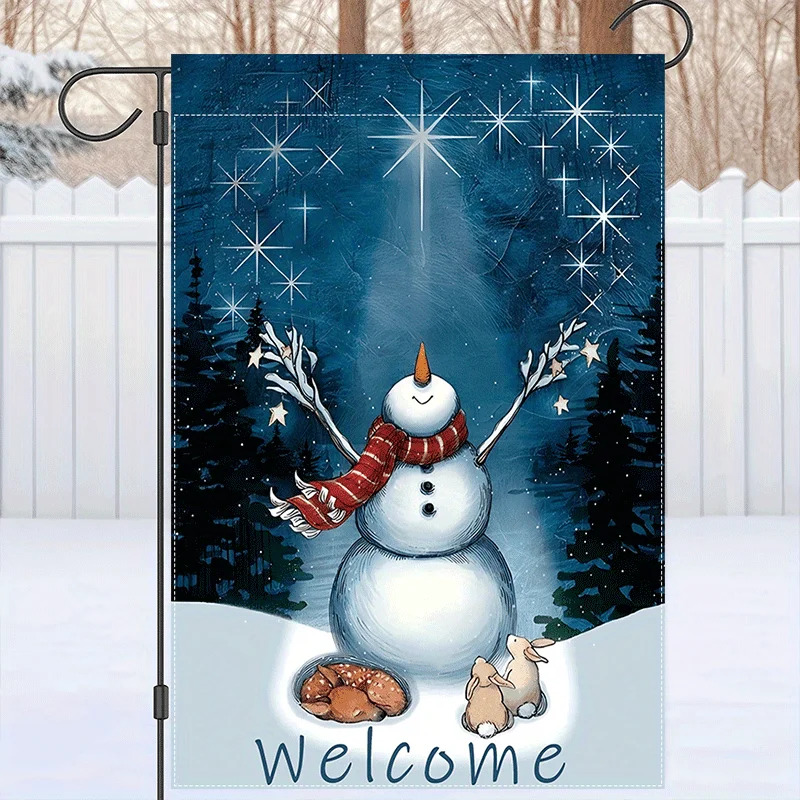 1pc Winter Snowman Garden Flag Double-Sided Burlap Design with Snowflakes Stars 12x18 Inch Outdoor/Indoor Holiday