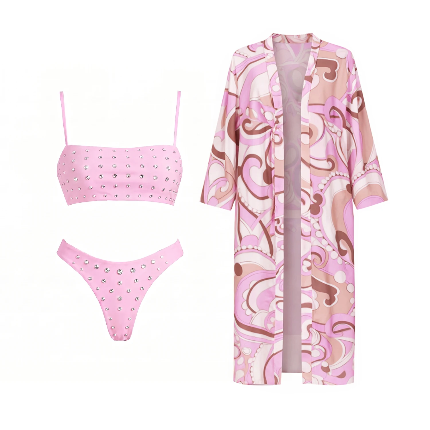 3Pcs Diamond Bikini With Cover Up Sexy Women Swimsuit Swimwear Female Bandeau Biquini Pink Print Swim Suit Beachwear Bathingsuit - view 3