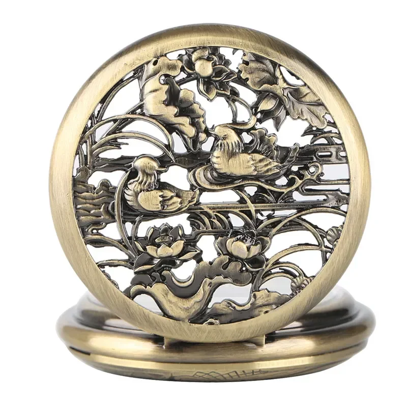 Bronze Hollow Mandarin Duck Pocket Watch Men Women Skeleton Automatic Mechanical Clock Roman Number Dial FOB Pendant Chain