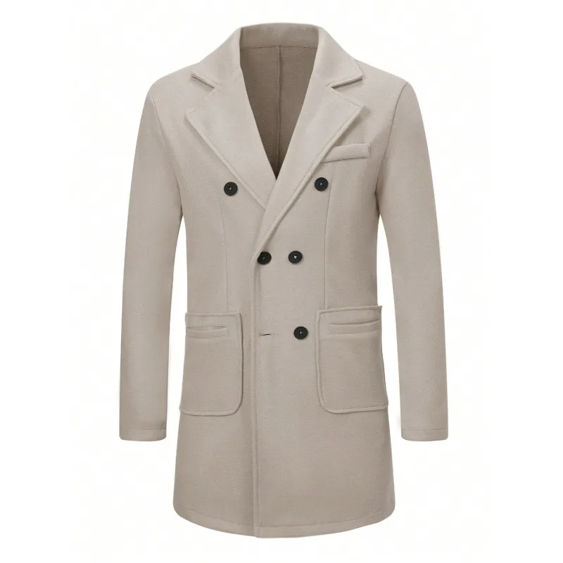 KIDWHXR Herren-Mantel, Herbst-Winter, doppelreihige Jacke aus Wollmischgewebe, Herren, lange Ärmel, mit Taschen, mittellange Länge, lässige Herren-Oberbekleidung. – Detail 8