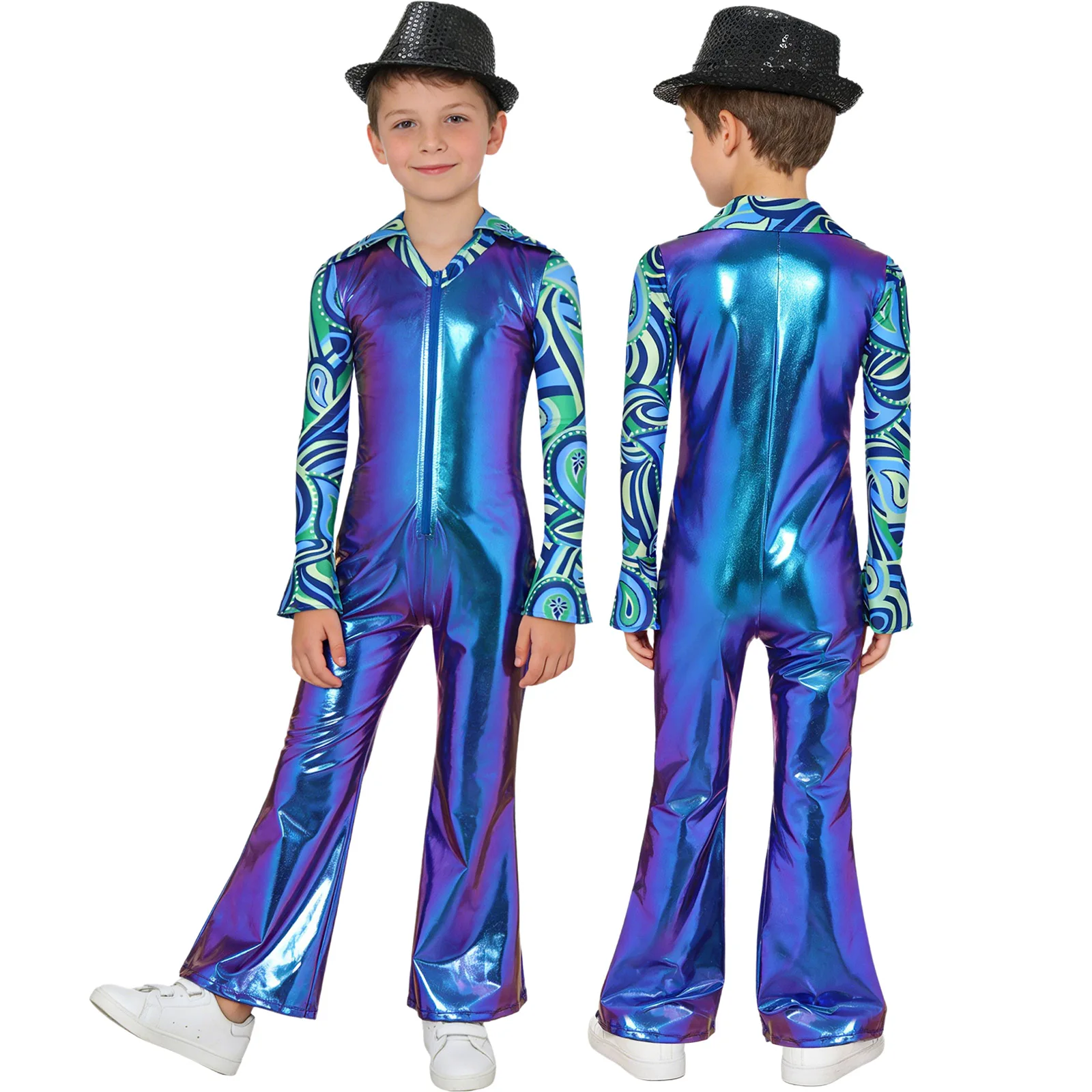 

2 Piece Disco Hip Hop Outfit for Boys Shiny Metallic Long Flare Sleeve Lapel Collar Front Zipper Bodysuit Jumpsuit with Hat Set