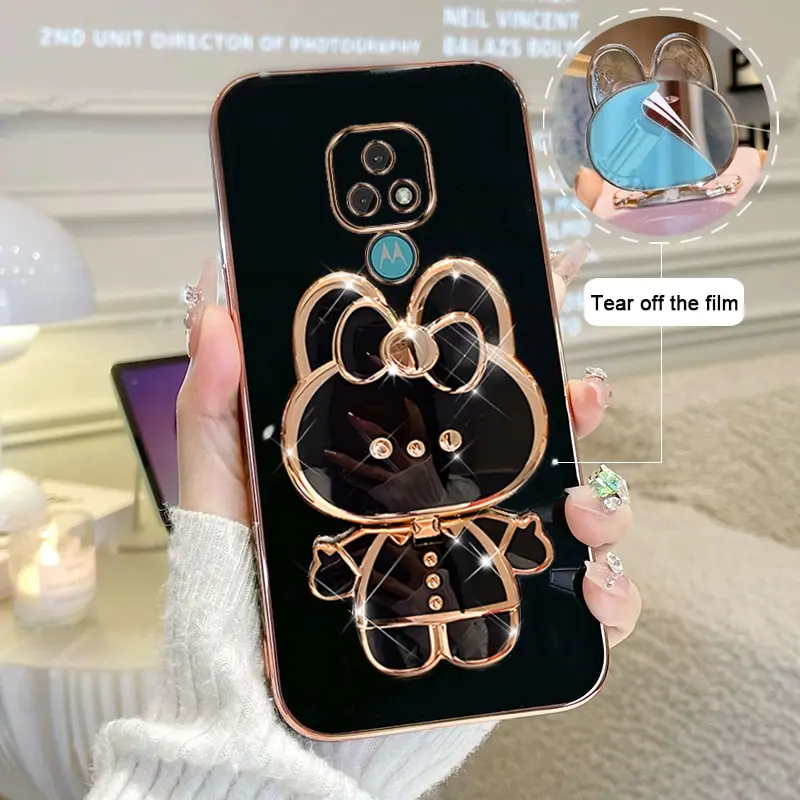 Makeup Mirror Phone Case For Motorola Moto E7 Plus Motorola E7 Plus Plating Cartoon Rabbit Folding Bracket Phone Case Cover