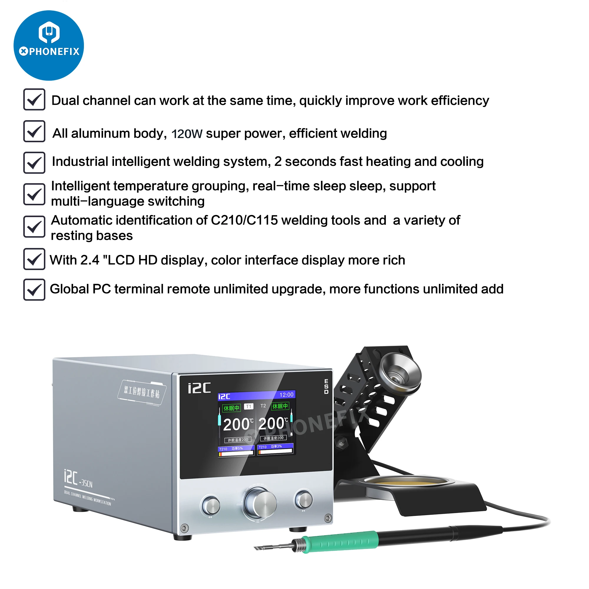 I2C 3SCN 120W Soldering Station Intelligent Dual Channel Welding Station with C210 C115 Handle Iron Tips PCB Repair Solder Tool