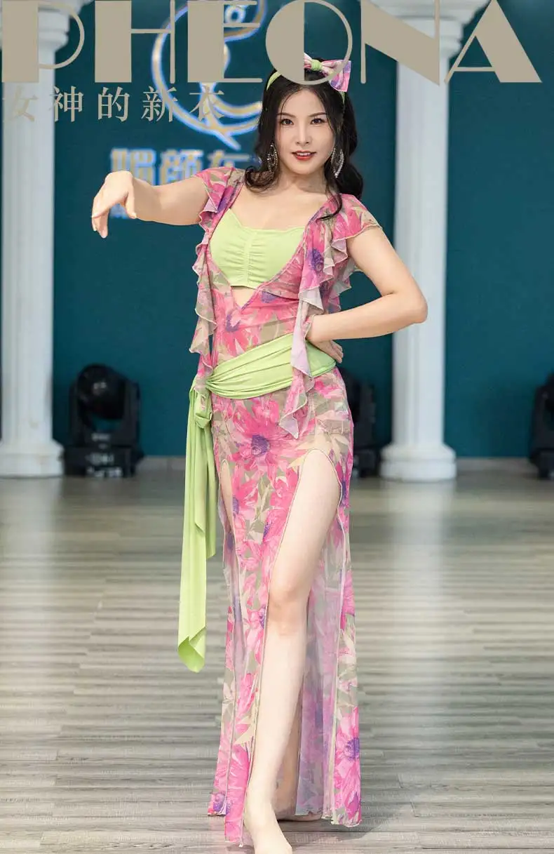 Uniforme da donna per lezioni di danza del ventre, stampa floreale, abito Baladi, abiti Saidi, set di costumi popolari per ragazze, abito lungo con fasce