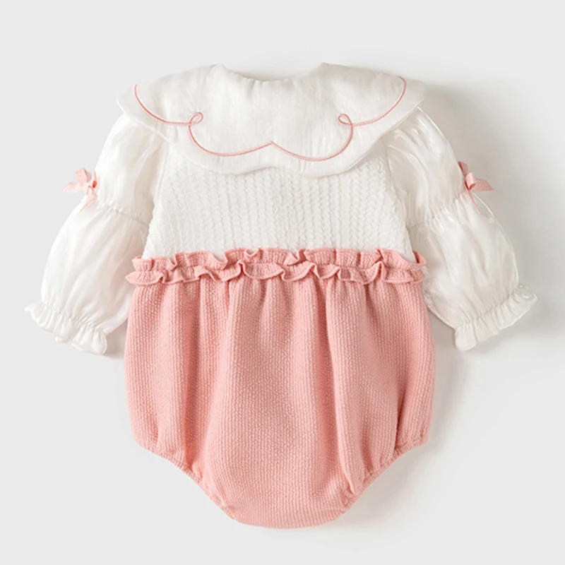 Spring Fall Baby Girl Clothes Korean Cute Bow Doll Collar Long Sleeve Newborn Bodysuit+Hair Band Toddler Boutique Clothing BC319