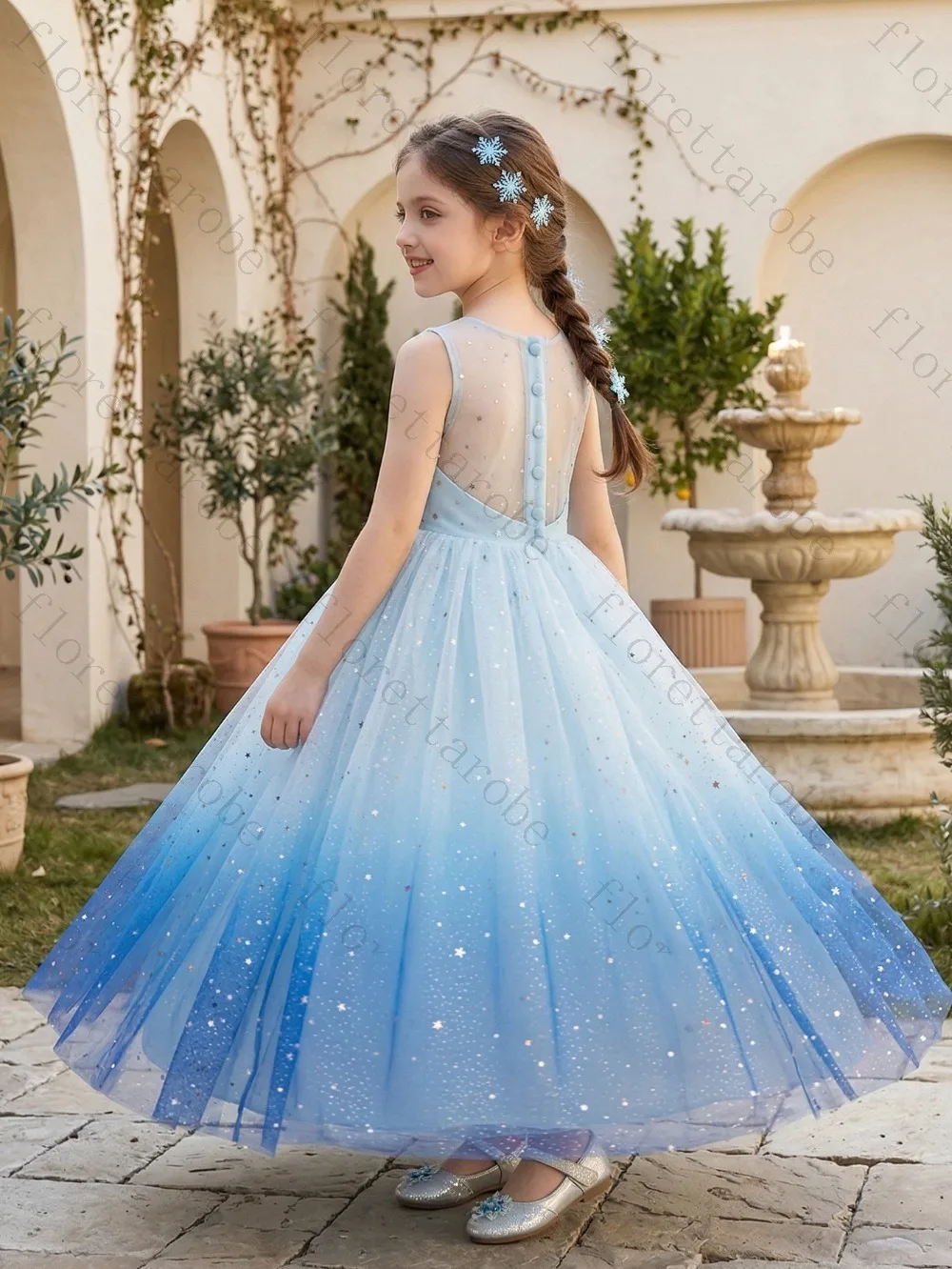 Custom Sleeveless Crew Neck Gradient Sky Blue Tulle Flower Girl Dresses Star Sequins A-Line Floor Kids Wedding Pageant Gowns