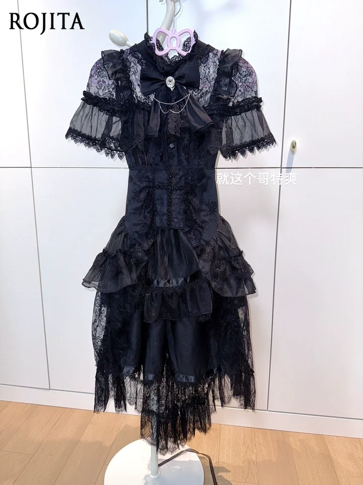

Original Gothic Short Sleeve Dress with Gauze Skirt and Waist Belt Lace-up Lolita Mass Production Japanese Style Short Dress