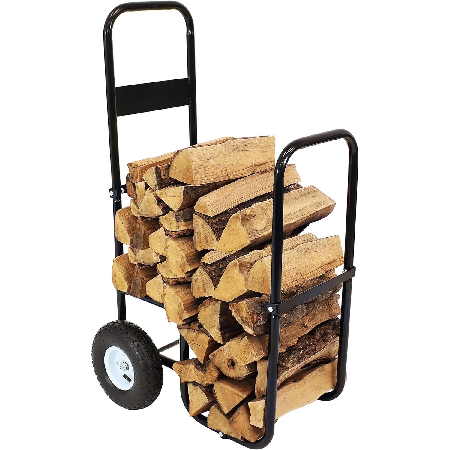 Outdoor Firewood Log Cart with Pneumatic Tires - Black Steel Rolling Wood Carrier