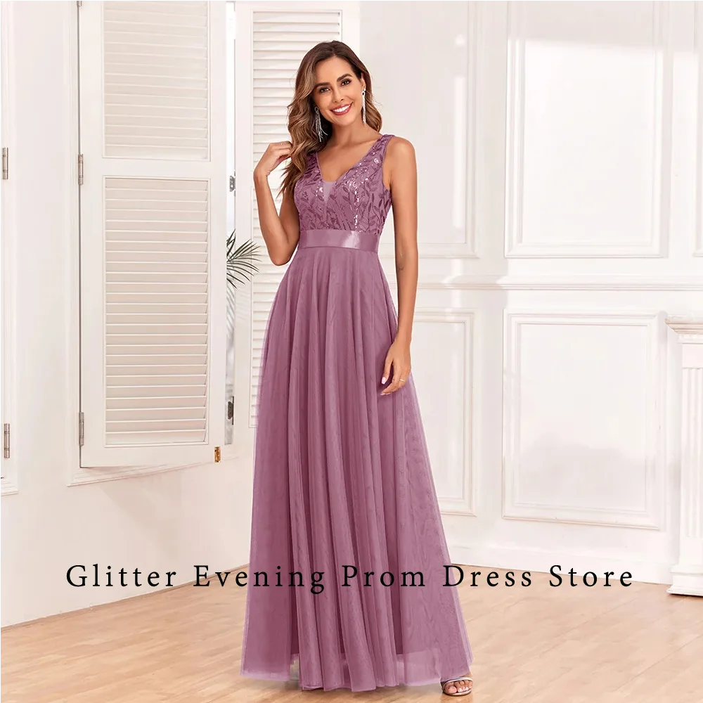 

Elegant Simple Classic Prom Gowns A-Line V-Neck Backless Sequin Tulle Custom Made Evening Dresses For Women Vestidos De Festa
